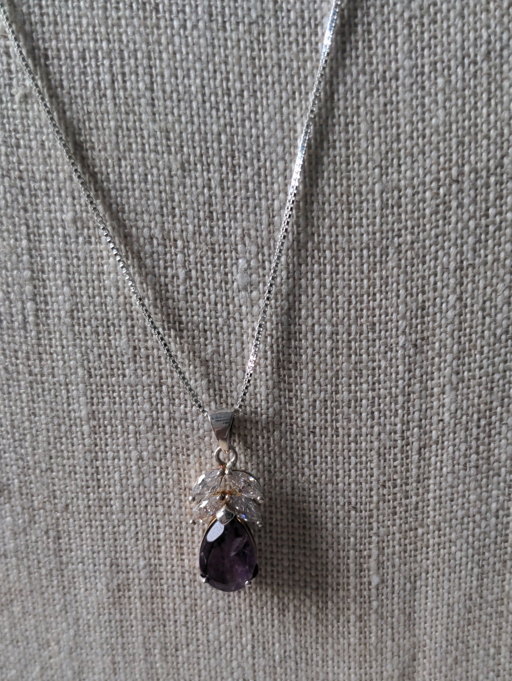 New QVC Amethyst & CZ sterling pendant,  20" long 925 box chain.  Gift Box